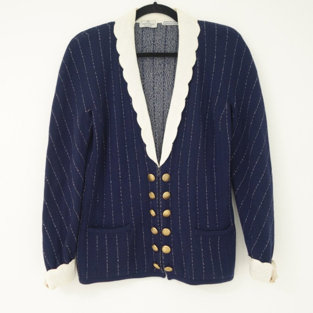 Vtg Valentino Navy Blue & White Zip-Up Cardigan With Gold Metal Buttons, Size S